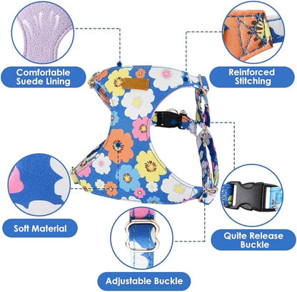 SlowTon No Pull Dog Harness with Leash - Soft Lightweight Floral Pattern Puppy Harness, Adjustable Pet Harness for Small Medium Dogs (Blue Flower XXS)