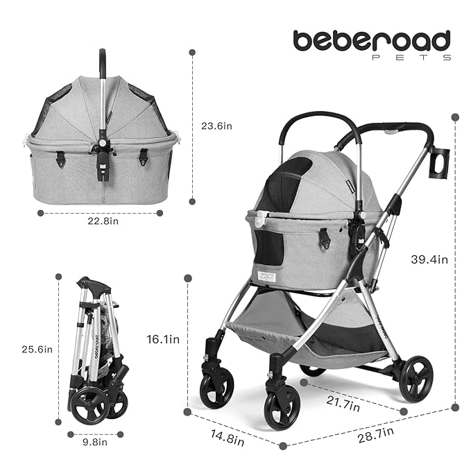 Medium Pet Stroller for Small Dogs & Cats 180° Canopy 3-in-1 Pet