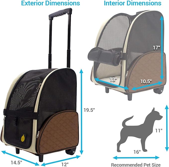 FrontPet Rolling Pet Travel Carrier with Wheels and Backpack Straps, Strong Breathable Mesh Panels, 12" W x 14.5" L x 19.5" H, Not Suitable for Air Travel