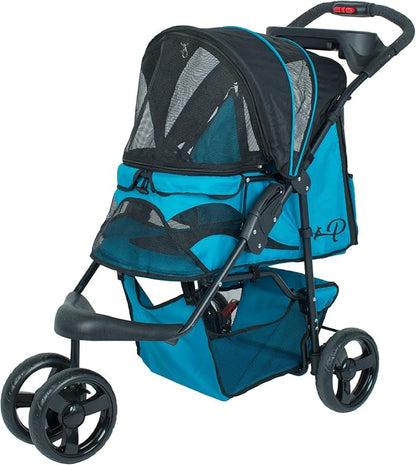 Petique Durable Pet Stroller, Easy Fold, Quality mesh Windows, Large Storage Basket, Secure Cup Holder Tray, for Small to Medium Dog, Cat, Bunny, Supports Pets up to 55LBS - Mermaid (Blue)