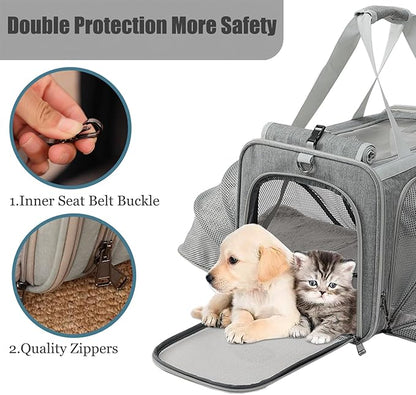 Puppy Carrier Cat Bag Expandable Bunny Small Animal Traveling Outdoor Carry Kennel (Grey,2Sides Expandable)