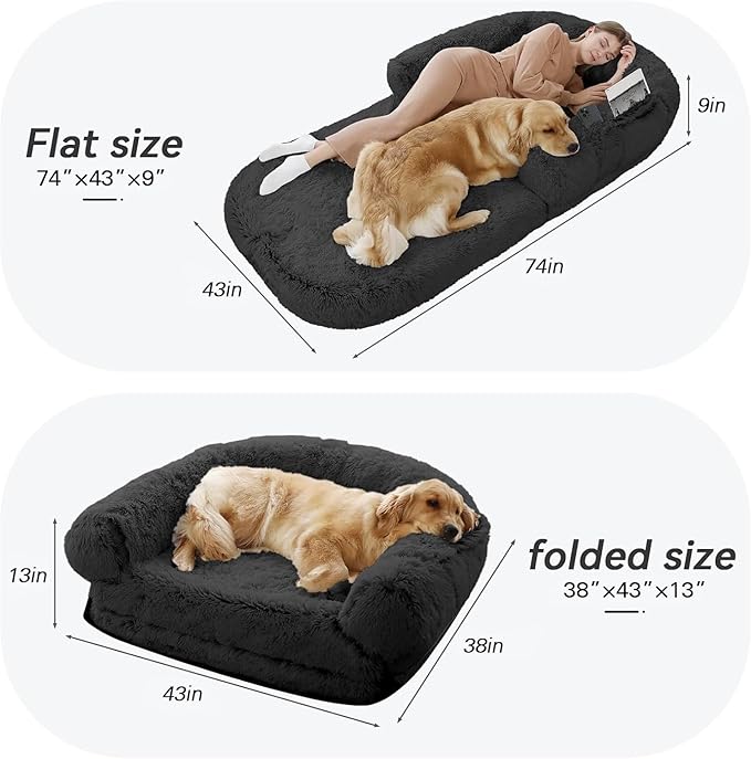 YAEM Human Dog Bed, 74"x44"x10" Dog Beds for Large Dogs, Foldable Plush Washable Dog Bed for People Doze Off, Orthopedic Dog Beds for Humans Size Fits You and Pets - Dark Grey