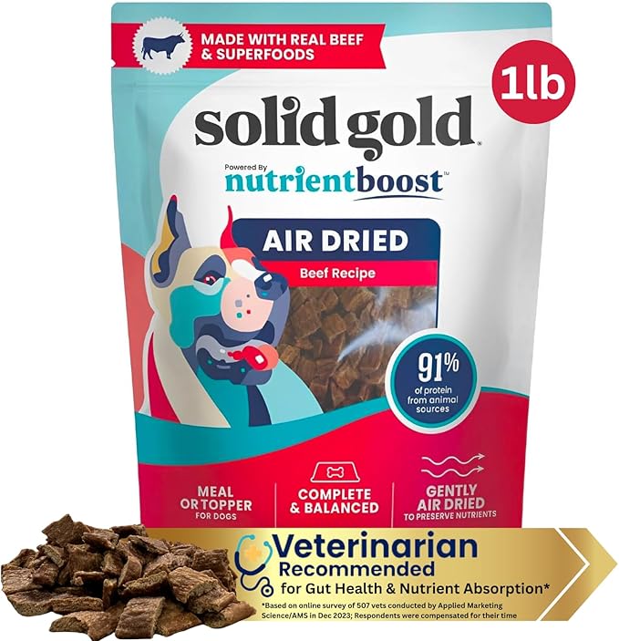 Solid Gold Air Dried Dog Food Toppers for Picky Eaters - Healthy Dog Treats Made with Real Beef to Serve as Meal Topper or Dog Treat - Supports Muscle Growth, Immunity, and Healthy Digestion - 1 LB