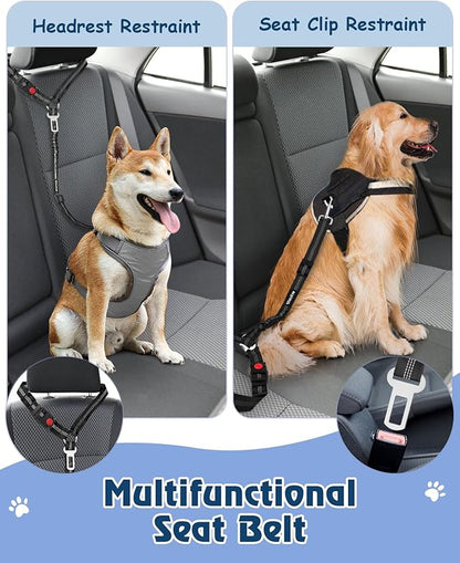 Vastar 2 Pack Dog Seat Belt for Car, 3-in-1 Dog Car Seatbelt, Adjustable Pet Seat Belt, Safety Headrest Restraint Dog Car Belt with Reflective Elastic Bungee, Poop Bag Holder