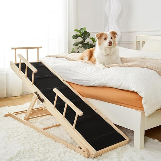 Woohoo Dog Ramp for Bed - Non-Slip Rubber Surface - Folding Wooden Pet Ramp for Dogs to Get on Bed - Dog Ramp for Large, Small, Old Dogs - Adjustable up to 30 inch High Beds, Safety Railings