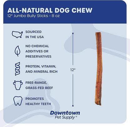 Downtown Pet Supply USA Sourced 12", 8 Oz. Jumbo Bully Sticks for Large Dogs - Rawhide Free Dog Chews Long Lasting and Non-Splintering - Single Ingredient, Low Odor Bully Sticks for Medium Dogs