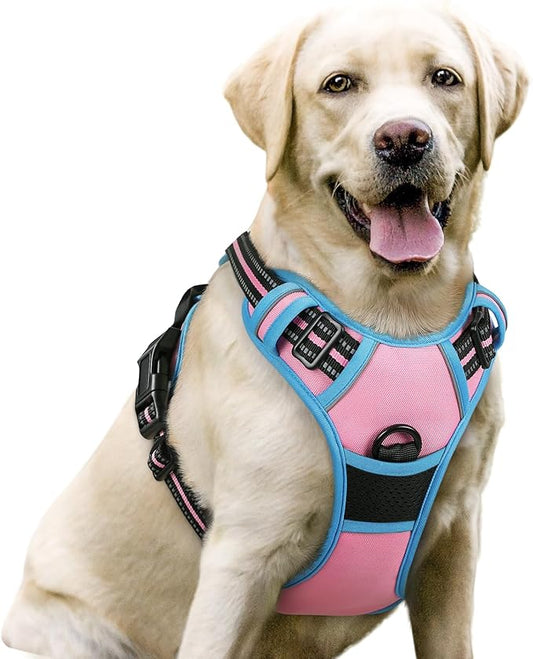 rabbitgoo Dog Harness, No-Pull Pet Harness with 2 Leash Clips, Adjustable Soft Padded Dog Vest, Reflective No-Choke Pet Oxford Vest with Easy Control Handle for Large Dogs, Pink & Blue, L