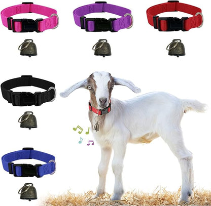 5 Pack Goat Collar with Bell, Sheep Collar with Bell, Grazing Copper Bells and Adjustable Nylon Collar Set for Small Farm Animal Sheep Cow Pet Goat Accessories