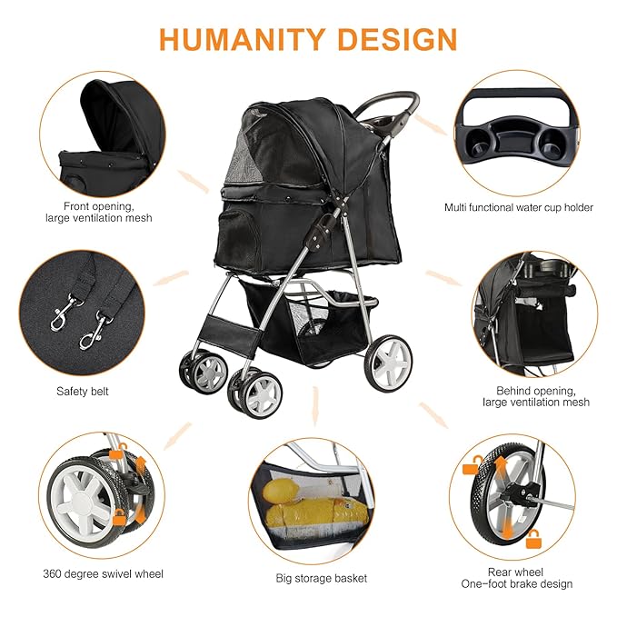 Pet Stroller for Small Dogs and CatsQuick-Folding Portable Travel Cat Dog Stroller with Storage Basket and Cup Holder 4 Wheels,