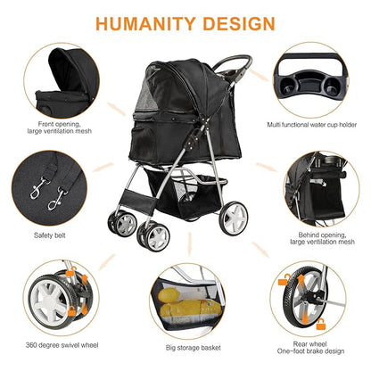 Pet Stroller for Small Dogs and CatsQuick-Folding Portable Travel Cat Dog Stroller with Storage Basket and Cup Holder 4 Wheels,