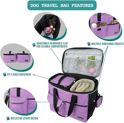 PetAmi Dog Travel Bag, Travel Pet Bag Organizer, Dog Food Travel Bag with Food Container and Bowls, Dog Travel Supplies Gift Accessories for Weekend Camping, Dog Cat Diaper Bag (Purple, Large)