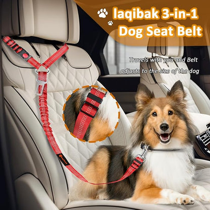 Removable Dog Seat Belts Harness for Car, 3 in 1 Pet Dog Car Seatbelt Leash, laqibak Restraint Secures to Headrest and Reflective Effect Adjustable Bungee Dog Seatbelt Tether, 2PCS and Poop Bag Holder