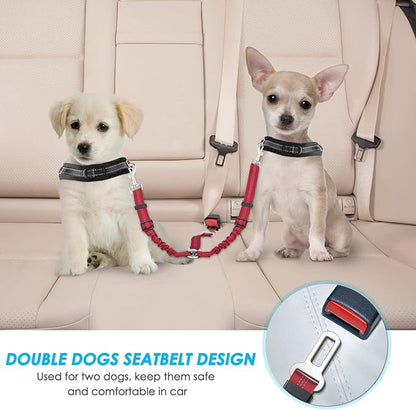 SlowTon Dog Seat Belt, Double Dog Seatbelt Adjustable Vehicle Safety Leash with Elastic Bungee Buffer, Reflective No Tangle Y Shape Two Dog Harness Seat Belt Splitter for Pets Car Trip Travel (Red, S)