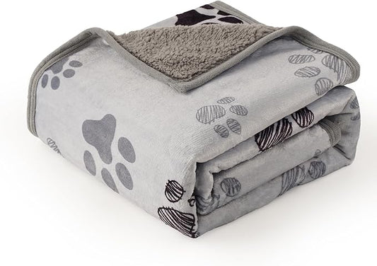 Waterproof Dog Blankets Pet Blanket 50"x60", Soft Fluffy Sofa Car Bed Protector, Reversible Sherpa Fleece Dog Blanket for Large Dogs (Light Grey-Paws)