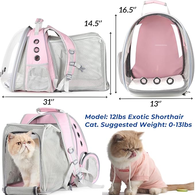 Lollimeow Cat Carrier Backpack, Bubble Dual Expandable Backpack Carrier, Pets and Small Dogs,Airline-Approved, Designed for Travel, Hiking, Walking & Outdoor Use (Dual Expandable-Pink)