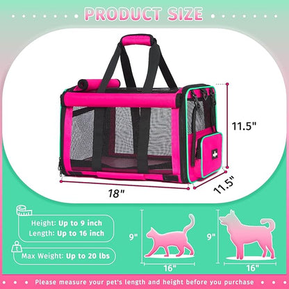 Pet Carrier, Durable Airline Approved Dog Cat Carrier, Collapsible Cat Travel Carrier Bag with Rollable Cover, Soft Cat Carrier for Small Medium Cats & Dogs Under 20 lbs, Pink