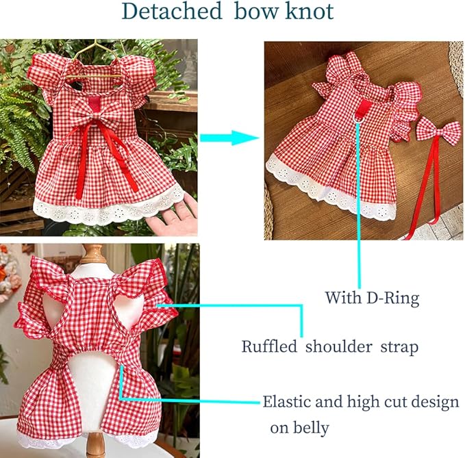 ANIAC Plaid Dog Dress with Leash Ring Girl Dog Clothes for Small Dog Bow Decor Red Cat Dress for Cat only Holiday Puppy Clothes for Chihuahua Yorkie Dachshund Pomeranian (3XL