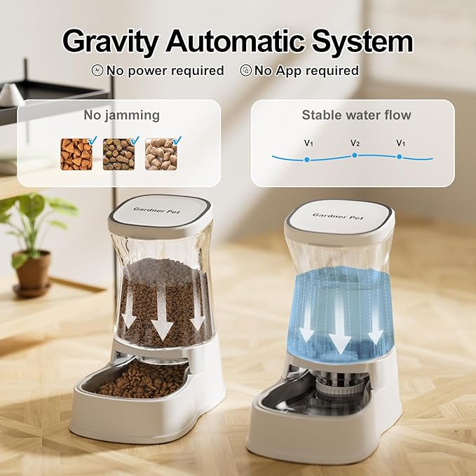 Automatic Pets Gravity Feeder and Water Dispenser Set, 1Gallon x 2 Stainless Steel Food Feeder and Waterer, 100% BPA-Free Water Bowl Dispenser for Small&Medium Dogs, Cats, Puppies(White)