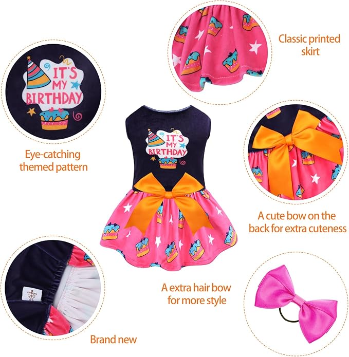 CuteBone Birthday Dog Dresses Velvet Holiday Small Dogs Clothes Onesie Pet Apparel Girl Puppy Skirt with Bow Hair Rope CVA51S-D