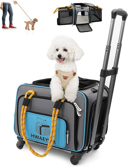 Airline Approved Cat Dog Carrier with Wheels, Pet Travel Carrier Crate for Small Dogs, Soft Cat Carrier Two Sided Expandable for Medium Dogs Under 25LBS (18 x 11 x 11 Inches)