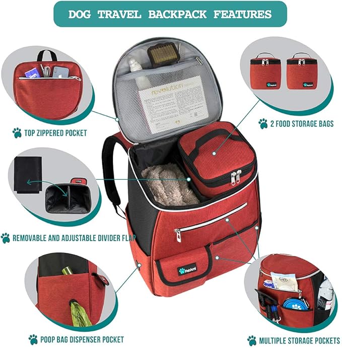 PetAmi Dog Travel Bag Backpack, Airline Approved Dog Bags for Traveling, Puppy Diaper Bag Supplies, Pet Camping Essentials Hiking Accessories Dog Mom Gift, Food Container, Collapsible Bowls, Red