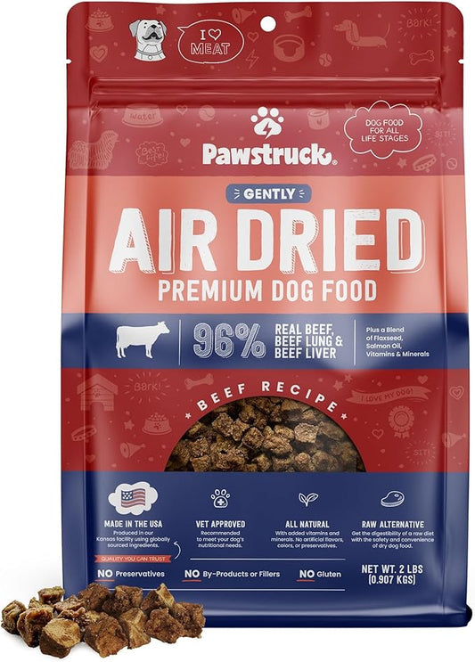 Pawstruck All Natural Air Dried Dog Food w/Real Beef - Grain Free, Made in USA, Non-GMO & Vet Recommended - High Protein Limited Ingredient Wholesome Full-Feed - for All Breeds & Ages - 2lb Bag