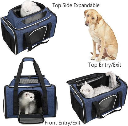 HSC PET Cat Carriers Small Dog Bag,Top-Expandable Pet Carrier Soft-Sided Carrier for Cats/Pups/Rabbit Safety Zippers with 2 Bleathable Mesh Side Pockets (Navy Blue)