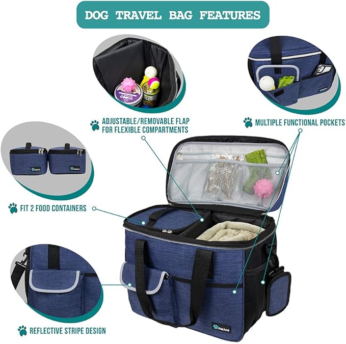 PetAmi Dog Travel Bag, Travel Pet Bag Organizer, Dog Food Travel Bag with Food Container and Bowls, Dog Travel Supplies Gift Accessories for Weekend Camping, Dog Cat Diaper Bag (Navy, Medium)