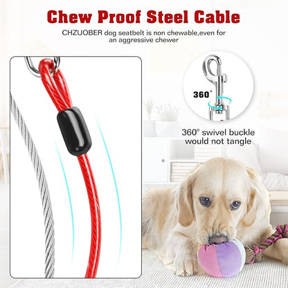 Chew Proof Dog Car Seat Belt, 2 in 1 Steel Cable Dog Car Accessories Headrest Restraint Dog Seat Belt for Medium Large Dogs Chewer Heavy Duty Dog Seatbelt for Cars Swivel Attach Red