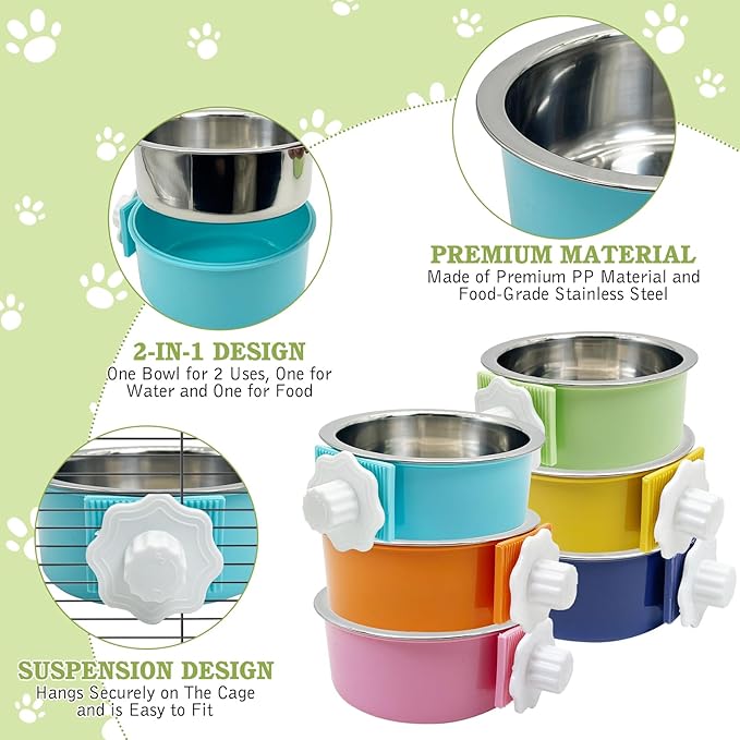 Tfwadmx 6 Pcs Crate Dog Bowl Cat Removable Stainless Steel Food and Water Feeder Hanging Cage Bowls Coop Cup with Cleaning Set for Pet Puppy Bird Rat Guinea Pig Ferret Bunny Rabbit