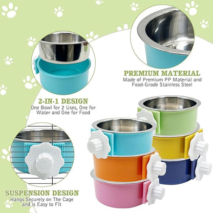 Tfwadmx 6 Pcs Crate Dog Bowl Cat Removable Stainless Steel Food and Water Feeder Hanging Cage Bowls Coop Cup with Cleaning Set for Pet Puppy Bird Rat Guinea Pig Ferret Bunny Rabbit