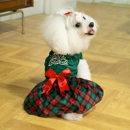 CuteBone Christmas Tree Dog Dress Velvet for Small Dogs Girl Puppy Dresses Green Plaid Dog Clothes CVA05L-D