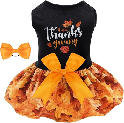 CuteBone Thanksgiving Dog Dresses Velvet Holiday Small Dogs Clothes Onesie Pet Apparel Girl Puppy Skirt with Bow Hair Rope CVA52M-D