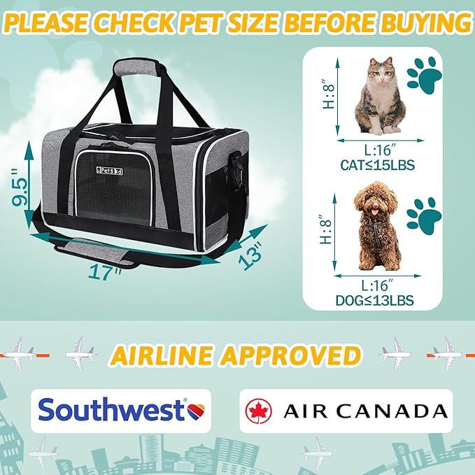 Petskd Pet Carrier 17x13x9.5 Southwest Airline Approved,Pet Travel Carrier Bag for Small Cats and Dogs, Soft Dog Carrier for 1-15 LBS Pets,Dog Cat Carrier with Safety Lock Zipper (Grey)