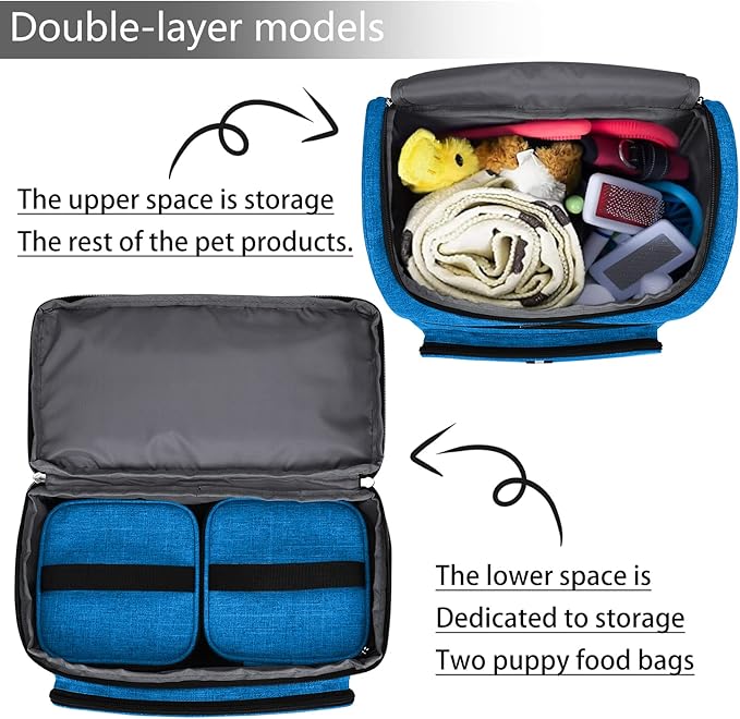 BAGLHER Pet Travel Bag, Double-Layer Pet Supplies Backpack (for All Pet Travel Supplies), Pet Travel Backpack with 2 Silicone Collapsible Bowls and 2 Food Baskets Blue