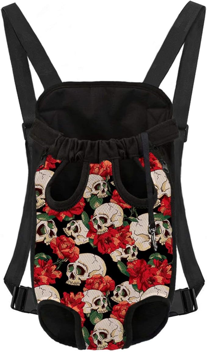 Cool Skull with Flower Image Design Dog Front-Facing Pet Carrier Backpack, Size S Puppy Cat Knapsack, Breathable Fabric Material