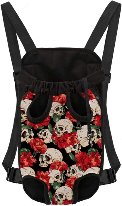 Cool Skull with Flower Image Design Dog Front-Facing Pet Carrier Backpack, Size S Puppy Cat Knapsack, Breathable Fabric Material