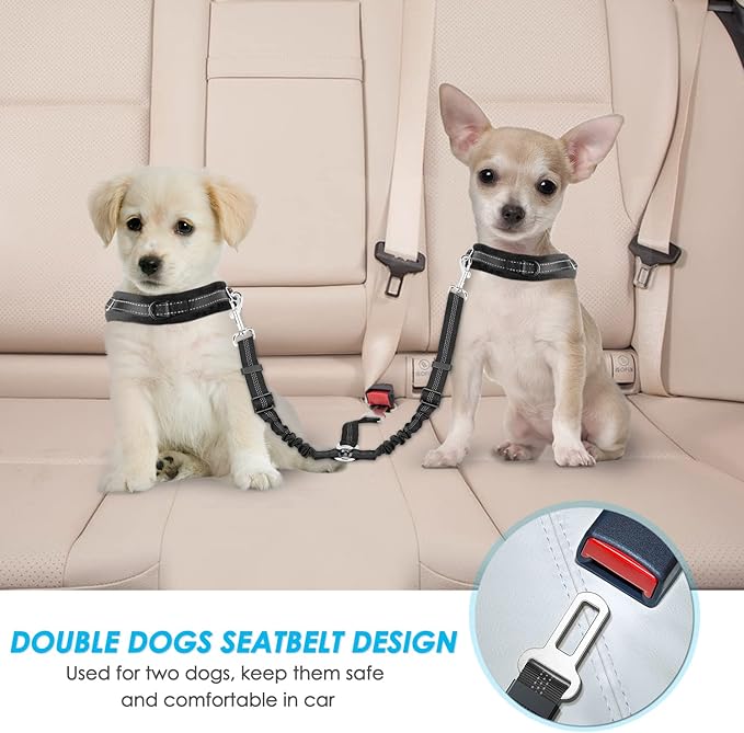 SlowTon Dog Seat Belt, Double Dog Seatbelt Adjustable Vehicle Safety Leash with Elastic Bungee Buffer, Reflective No Tangle Y Shape Two Dog Harness Seat Belt Splitter for Pets Car Trip (Black, S)