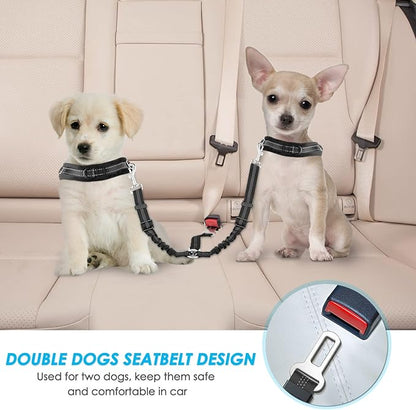 SlowTon Dog Seat Belt, Double Dog Seatbelt Adjustable Vehicle Safety Leash with Elastic Bungee Buffer, Reflective No Tangle Y Shape Two Dog Harness Seat Belt Splitter for Pets Car Trip (Black, S)