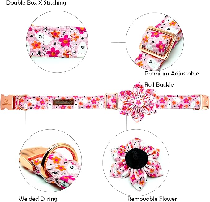 Lionheart glory Premium Halloween Dog Collars Flower Dog Collar Heavy Cotton Adjustable Fall Dog Collar for Small Dogs Holiday Dog Collar Flower Dog Collar with Bow Tie