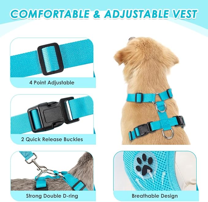 SlowTon Dog Seat Belt Harness for Car, Dog Car Harness Adjustable Mesh Breathable & Dog Seatbelt Safety Tether with Elastic Bungee for Small Medium Large Pets(Light Blue, Double Clip, M)