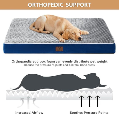 WNPETHOME Orthopedic Large Dog Bed, Dog Bed for Large Dogs with Egg Foam Crate Pet Bed with Soft Rose Plush Waterproof Dog Bed Cover Washable Removable（Small Dog Bed 30 x 20 x 3 inch Blue）