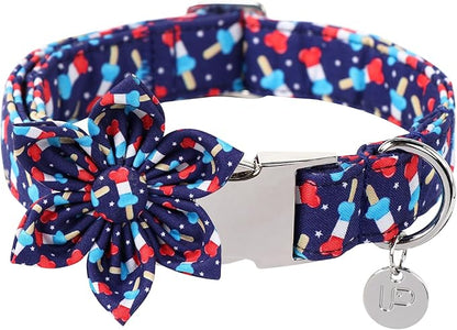 American Flag Dog Collar with Flower 4th of 13.5-22in
