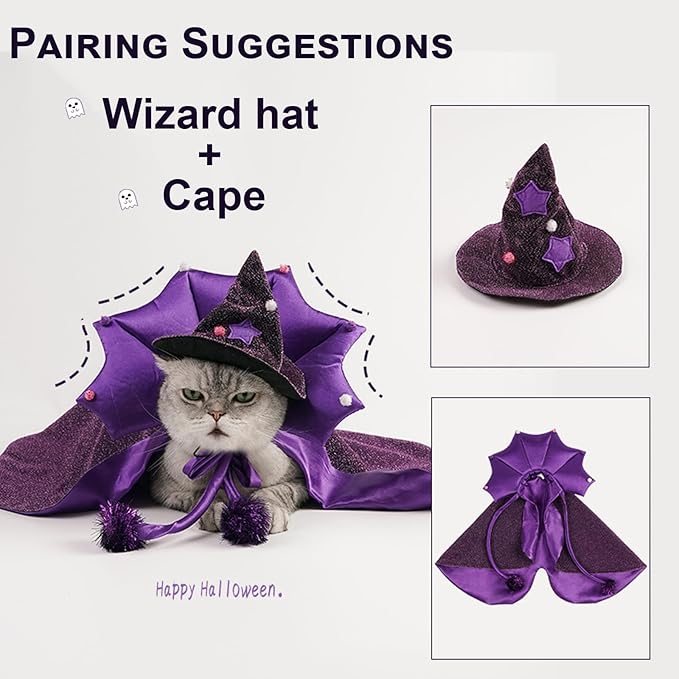 ABLAZEZAI Pet Halloween Costumes, Cat Vampire Cloak with Hat, Dog Cosplay Wizard Hat Cape Suit, Halloween Party Clothes Outfit for Small Medium Large Cats Dogs