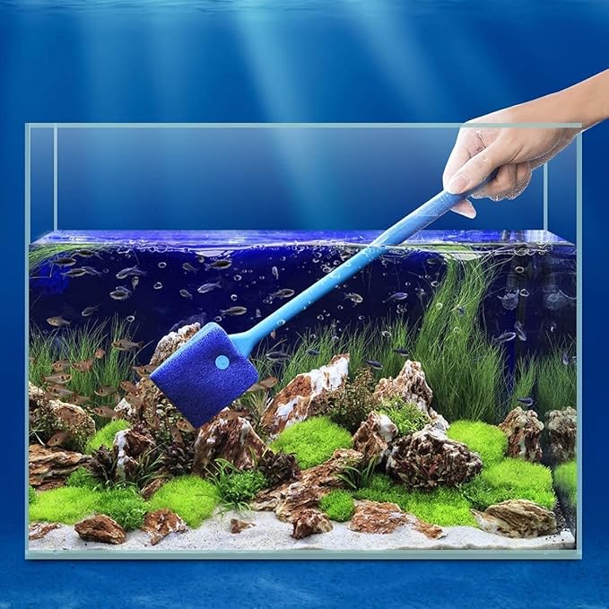 Quluxe 15.74 Inch Aquarium Algae Scraper Double Sided Sponge Brush Cleaner, Long Handle Fish Tank Scrubber for Glass Aquariums and Home Kitchen- Blue