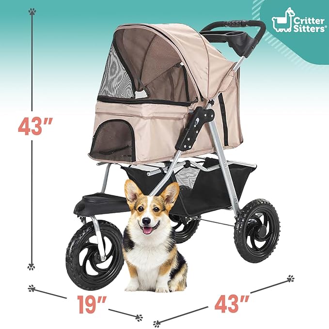 Critter Sitters 3-Wheel Jogging Dog Stroller with Storage Basket and Cup Holders 55 Pounds,