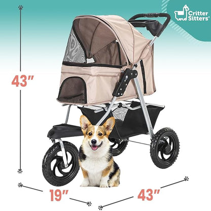 Critter Sitters 3-Wheel Jogging Dog Stroller with Storage Basket and Cup Holders 55 Pounds,