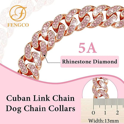 Rosegold Dog Chain Collar Diamond Cuban Link Dog 13mm Wide Cats(16inch)