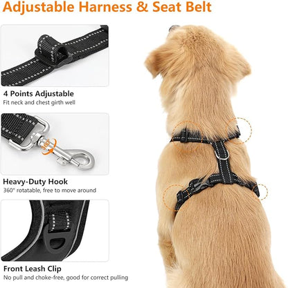 Dog Vehicle Safety Vest Harness, Adjustable Soft Padded Mesh Car Seat Belt Leash Harness with Reflective Strip Travel Strap and Carabiner for Most Cars, M Size, Carbon Black