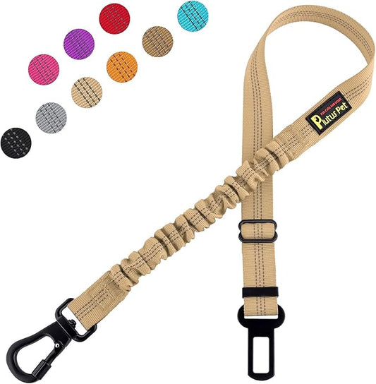 Plutus Pet Dog Seat Belt for Car, Adjustable Dog Car Harness with Carabiner Clip, Reflective Safety Dog Seatbelt Leash with Elastic Bungee, Beige